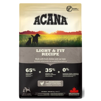 ACANA Light & Fit Hundefutterbeutel mit zwei Hunden, der 65% tierische Zutaten, 35% Gemüse und 0% künstliche Zusatzstoffe hervorhebt. 2 kg.