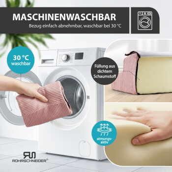 Hand legt pinken Haustierbettbezug in die Waschmaschine; sichtbarer Text: 'MASCHINENWASCHBAR, 30°C', 'Schaumstoff', 'atmungsaktiv'.