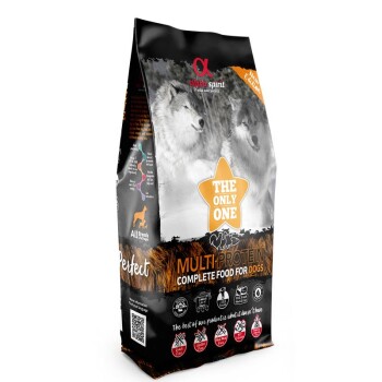 Tüte Hundefutter von Alpha Spirit mit der Aufschrift 'THE ONLY ONE' – Multi-Protein-Komplettfutter für Hunde mit Wolfmotiv