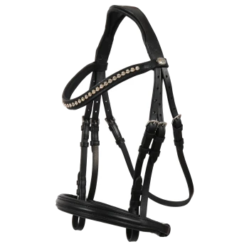 Schwarzes Leder-Haustiergeschirr, verziert mit einer Reihe von funkelnden Strasssteinen entlang des oberen Riemens, mit verstellbaren Schnallen.