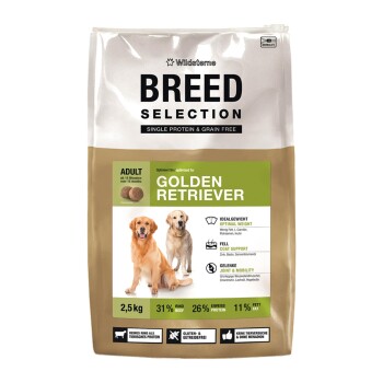 Breed Selection Hundefuttersack — Golden Retriever Adult, 2,5 kg, mit einzelner Proteinquelle und getreidefrei, zeigt zwei Golden Retriever.