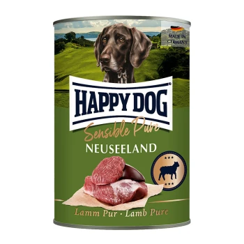 Sensible Pure Nassfutter Hund Adult 6x400 g Lamm Eine Dose Happy Dog Sensible Pure Neuseeland Hundefutter mit einem braunen Hundesymbol, mit "Lamm Pur" und "Made in Germany."