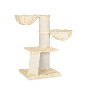 Cremefarbener Katzenbaum mit zwei hängenden Körben, einem Kratzbaum und einer flachen Plattform zum Klettern und Ausruhen.