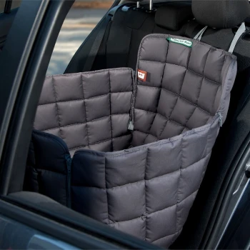 Autoschondecke Rückbank 1-Sitz grau M Ein gepolsterter Autositzbezug für Haustiere in Grau, der dazu dient, die Rückbank zu schützen, mit gestepptem Stoff und sicherem Sitz.