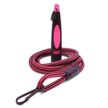 Schwarz-pinke geflochtene Hundeleine mit schwarzem Griff, der einen pinken Halt und einen Metallclip aufweist.
