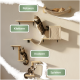 Wandmontierte Katzenregale mit vier Katzen; grüne Beschriftungen: Relaxen, Klettern, Kratzen, Spielen