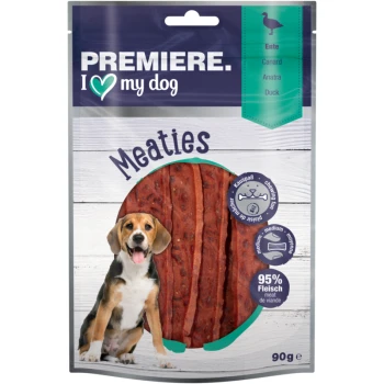 Premiere I Love My Dog Meaties dog treats packaging, featuring strips of meat and a beagle. Contains 95% meat, 90g.