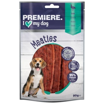 Premiere I Love My Dog Meaties dog treats packaging, featuring strips of meat and a beagle. Contains 95% meat, 90g.