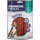 Premiere I Love My Dog Meaties dog treats packaging, featuring strips of meat and a beagle. Contains 95% meat, 90g.