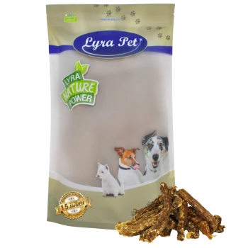Verpackung für Lyra Pet Hundeleckerlis mit einem Logo, "Lyra Nature Power," und Bildern eines Hundes, einer Katze und eines Welpen, mit einem Stapel Leckerlis davor.