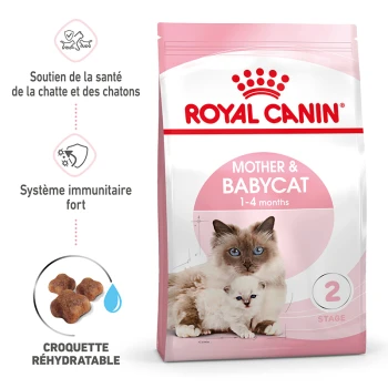 Sac de nourriture Royal Canin Mother & Babycat montrant une mère chat et un chaton, mettant l'accent sur le soutien à la santé et les croquettes réhydratables.