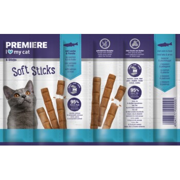 PREMIERE I love my cat Soft Sticks mit Lachs & Forelle, 95 % Fleisch & Fisch, getreidefrei, ohne Zuckerzusatz, 6 Sticks, Bild einer grauen Katze.