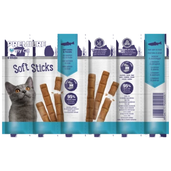 PREMIERE I love my cat Soft Sticks mit Lachs & Forelle, 95 % Fleisch & Fisch, getreidefrei, ohne Zuckerzusatz, 6 Sticks, Bild einer grauen Katze.