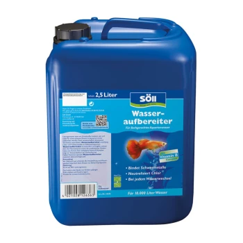 Wasseraufbereiter 2,5 l Blauer Behälter mit der Aufschrift "Söll Wasseraufbereiter" für die Aquarienwasserbehandlung, 2,5 Liter, mit Fischgrafik und Vitamin B-Angabe.