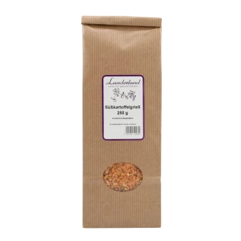 Braune Papiertüte mit Lunderland Haustierfutter, Aufschrift „Süßkartoffelgrieß 250 g“ und Sichtfenster, das orangefarbene Granulate zeigt.