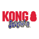 Logo KONG en rouge gras avec silhouette de jouet rouge et texte ludique « SqueakAir » en bleu et jaune en dessous.