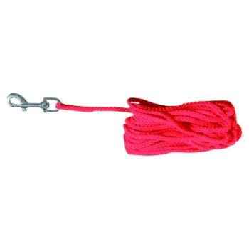 Schleppleine 15 m, 5 mm Helle pinkfarbene Haustierleine mit einem Metallclip an einem Ende, ordentlich aufgerollt zur Anzeige.