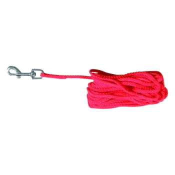 Heldere roze huisdierenlijn met een metalen clip aan één uiteinde, netjes opgerold voor weergave.