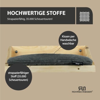 Holz-Haustierbett mit waschbarem grauem Kissen, strapazierfähiger Stoff mit 35.000 Scheuerzyklen, Rohrschneider-Logo sichtbar.