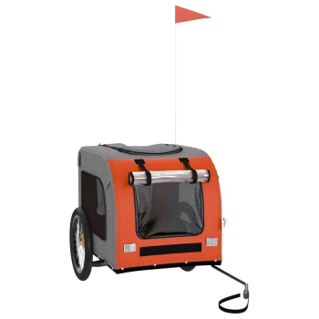 Haustieranhänger in Grau und Orange mit einem Netzfenster, zwei Rädern und einer Sicherheitsflagge, entworfen für den Transport von Haustieren.