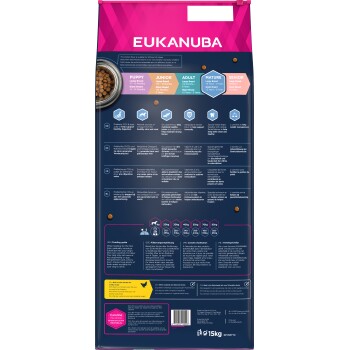 Torba karmy dla psów o smaku kurczaka Eukanuba (15kg) dla wszystkich etapów życia, z prebiotykiem FOS, glukozaminą i L-karnityną dla zdrowia.