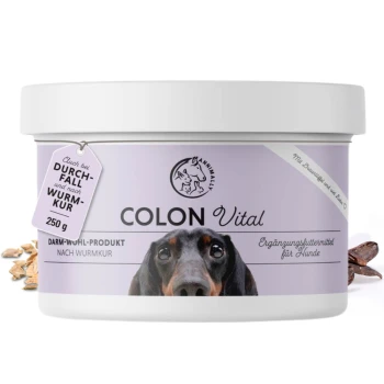 Behälter mit "COLON Vital" Nahrungsergänzungsmittel für Hunde, 250g, mit einem lila Etikett, das das Gesicht eines Hundes zeigt und Text über die Verdauungsgesundheit enthält.