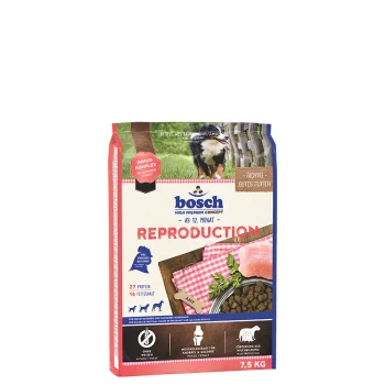 Bosch Hundefutterbeutel mit der Aufschrift "REPRODUKTION", geeignet für Hunde über 12 Monate, mit 27 % Protein und 16 % Fett, mit Bildern von Trockenfutter und Fleisch.