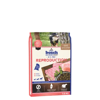 Bosch Hundefutterbeutel mit der Aufschrift "REPRODUKTION", geeignet für Hunde über 12 Monate, mit 27 % Protein und 16 % Fett, mit Bildern von Trockenfutter und Fleisch.
