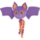 Purple plush bat pet toy with orange eye and ear accents, fabric wings, smiling face and braided orange-purple ribbon tails.
