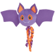 Violettes Plüschfledermaus-Spielzeug mit orangefarbenen Augen- und Ohrenakzenten, Stoffflügeln, lächelndem Gesicht und geflochtenen orange-violetten Band-Schwänzen
