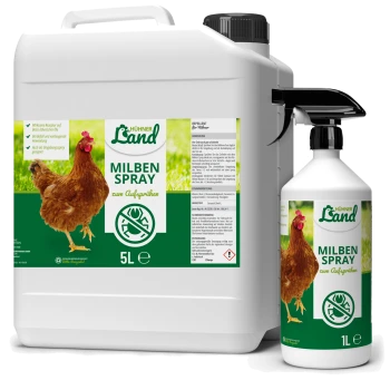 Ein 5-Liter-Behälter und eine 1-Liter-Sprühflasche von "Hühner Land Milben Spray" für Geflügel, mit einem braunen Huhn auf dem Etikett und Anwendungshinweisen.