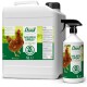 Ein 5-Liter-Behälter und eine 1-Liter-Sprühflasche von "Hühner Land Milben Spray" für Geflügel, mit einem braunen Huhn auf dem Etikett und Anwendungshinweisen.