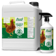 Ein 5-Liter-Behälter und eine 1-Liter-Sprühflasche von "Hühner Land Milben Spray" für Geflügel, mit einem braunen Huhn auf dem Etikett und Anwendungshinweisen.