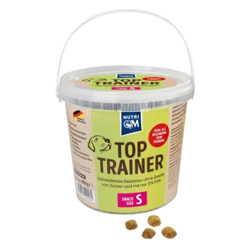 Plastikbehälter mit Nutri QM Top Trainer Hundesnacks, Größe S, 450g, hergestellt in Deutschland, mit vier gezeigten Leckerlis.