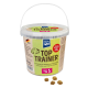 Plastikbehälter mit Nutri QM Top Trainer Hundesnacks, Größe S, 450g, hergestellt in Deutschland, mit vier gezeigten Leckerlis.