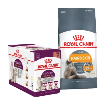Produits de nourriture pour chats Royal Canin : une boîte de 12 sachets Sensory (85g chacun) et un sac de nourriture sèche Hair & Skin, mettant en avant la nutrition pour la santé féline.