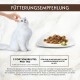 Weiße flauschige Katze wird neben einem Teller mit Nassfutter gestreichelt; sichtbarer Text: ‚FÜTTERUNGSEMPFEHLUNG‘ und ‚3 PORTIONSBEUTEL PRO TAG‘