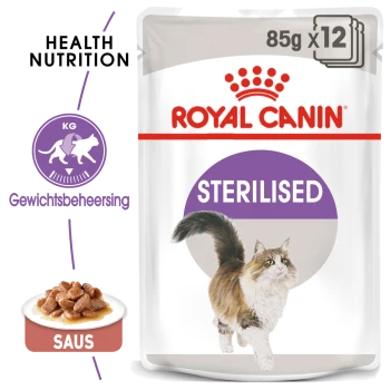 Royal Canin Sterilised kattenvoer verpakking met een fluffy kat, met de tekst "85g x 12" en "Health Nutrition", en een kom met voer gelabeld "SAUS".
