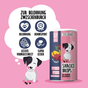 Behälter mit 'Snackie Drops' Haustierleckerlis, 250g (ca. 340 Drops), mit einem verspielten Design, das Pfotenabdrücke und Essenssymbole zeigt.