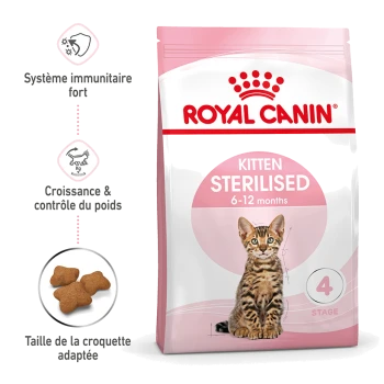 Emballage de nourriture sèche Royal Canin Kitten Sterilised pour les chatons âgés de 6 à 12 mois, avec un chaton Bengal et les principaux avantages énumérés.
