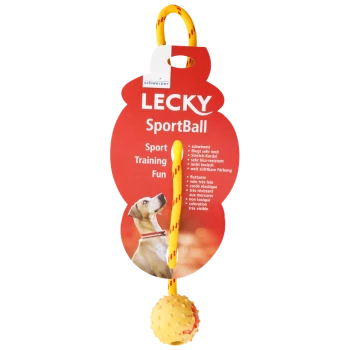 Bunte Verpackung für den "LECKY SportBall", die einen gelben Ball an einem Dehnungsband mit Merkmalen wie "schwimmend" und "ungiftig" zeigt.