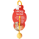 Emballage coloré pour le "LECKY SportBall," présentant une balle jaune sur un cordon élastique avec des caractéristiques comme "natation" et "non toxique."