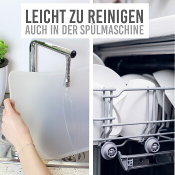 Eine Hand wäscht ein klares Geschirr in einem Waschbecken; eine Geschirrspülmaschine mit weißen Tellern ist in der Nähe. Text: 'Einfach zu reinigen, sogar in der Geschirrspülmaschine.'