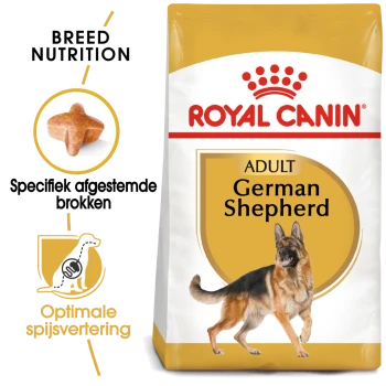 Royal Canin Volwassen Duitse Herder hondenvoer zak met een afbeelding van een Duitse Herder, die de voeding en spijsvertering specifiek voor het ras benadrukt.