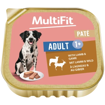 MultiFit pate tray lid showing black-and-white dog and plate of pâté; visible text: "MultiFit", "PATÉ", "ADULT 1+", "With Lamb & Game"
