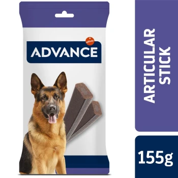 Emballage de friandises pour chiens avec un berger allemand, étiqueté "ADVANCE ARTICULAR STICK," 155g. Deux bâtons bruns sont visibles.