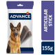 Emballage de friandises pour chiens avec un berger allemand, étiqueté "ADVANCE ARTICULAR STICK," 155g. Deux bâtons bruns sont visibles.