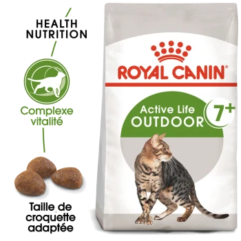 Nourriture pour chats Royal Canin Active Life Outdoor pour chats de 7 ans et plus, présentant une illustration de chat Bengal, une indication de taille de croquettes et des allégations nutritionnelles pour la santé.