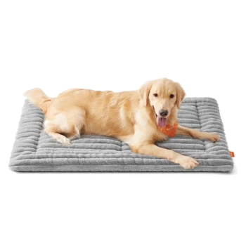 Golden Retriever Hund mit orangefarbener Bandana, liegend auf einem grauen, strukturierten Haustierbett mit orangefarbenem Etikett.