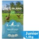 Hundefutterbeutel mit der Aufschrift "Junior 1.5kg" mit "100% IRLAND" und einem Bild von Freilandhühnern auf einem grünen Feld.